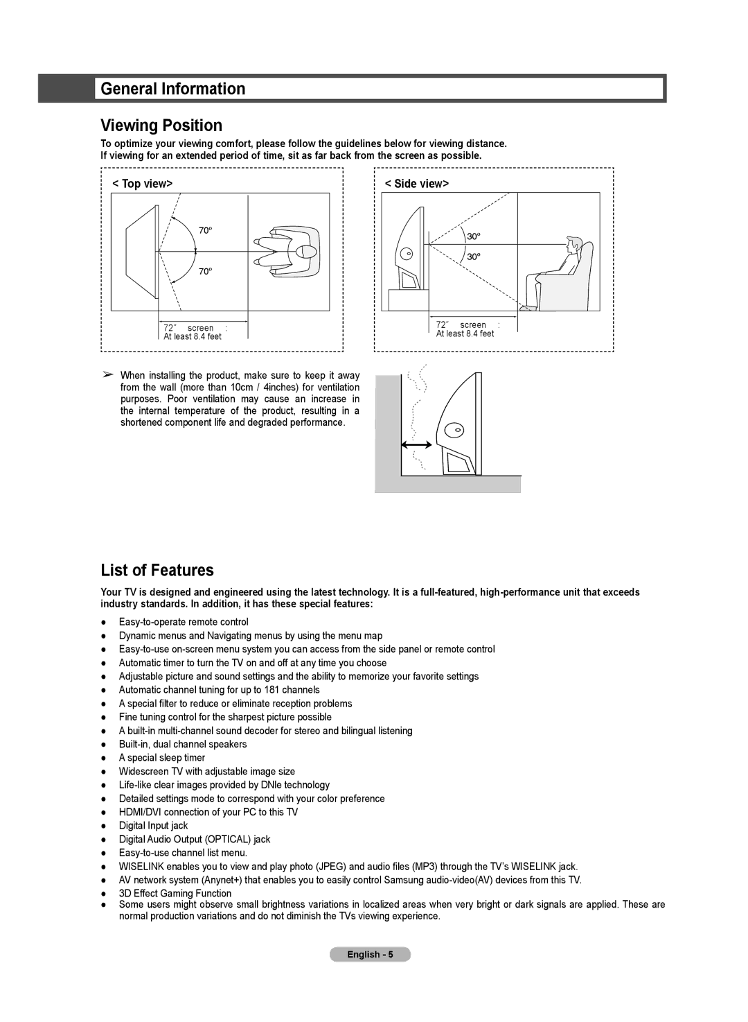 Samsung HL72A650C1F user manual General Information Viewing Position, List of Features 