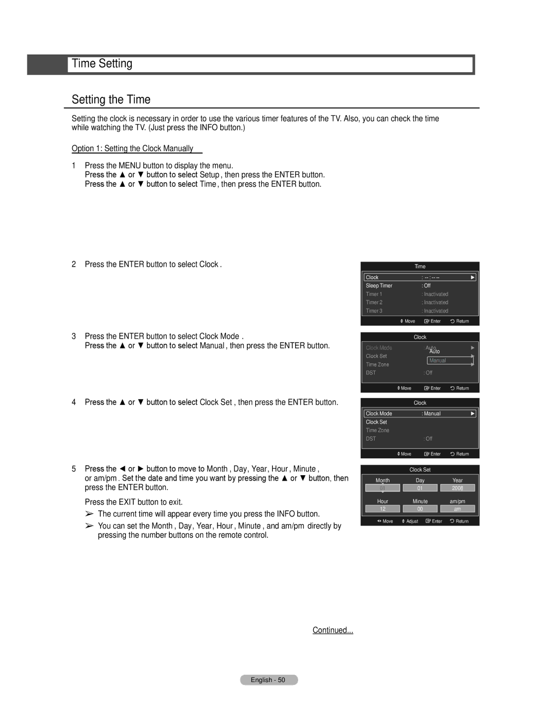 Samsung HL72A650C1F user manual Time Setting Setting the Time 