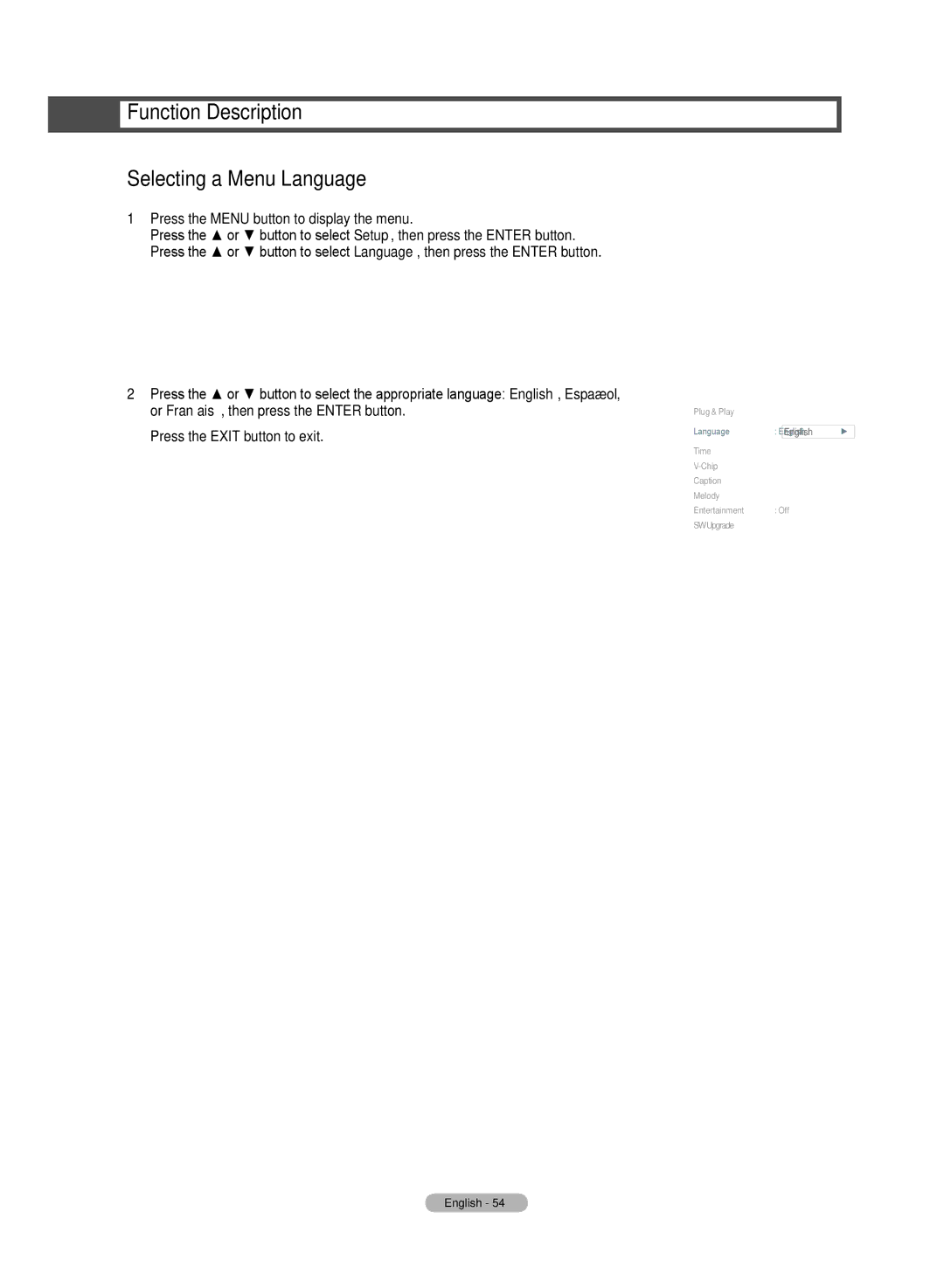 Samsung HL72A650C1F user manual Function Description Selecting a Menu Language, Language English 