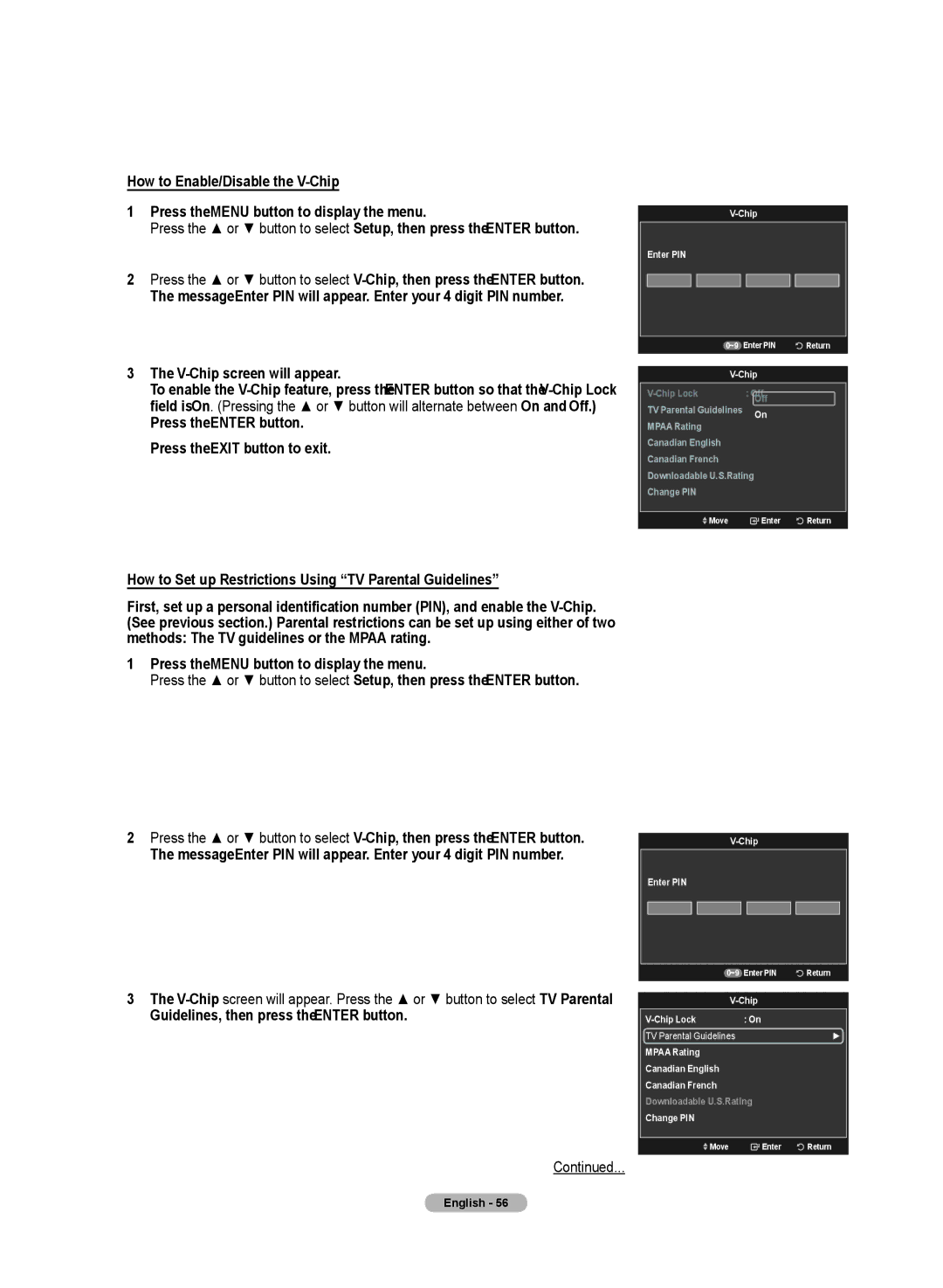 Samsung HL72A650C1F user manual How to Enable/Disable the V-Chip 