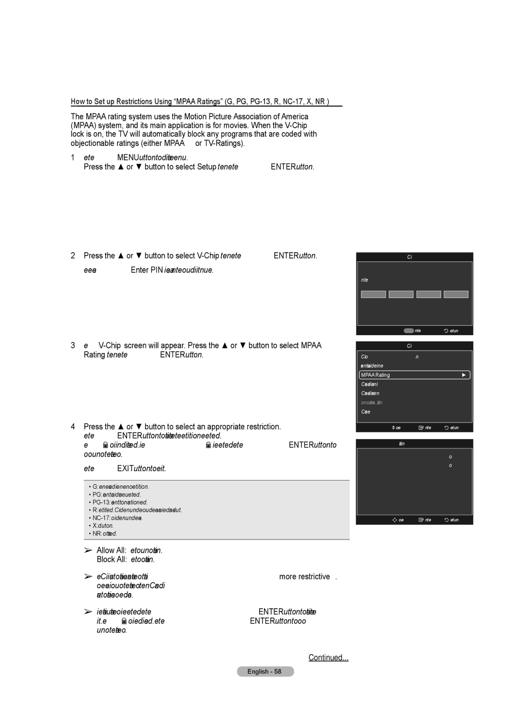 Samsung HL72A650C1F user manual Mpaa Rating Allow All Block All 