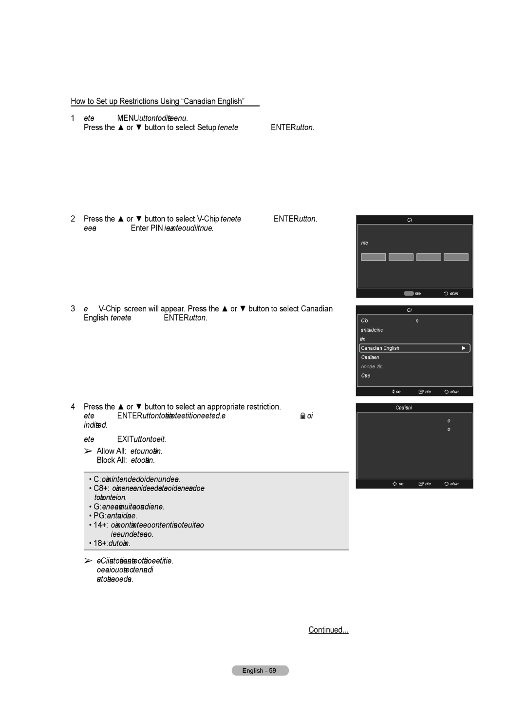 Samsung HL72A650C1F user manual How to Set up Restrictions Using Canadian English 