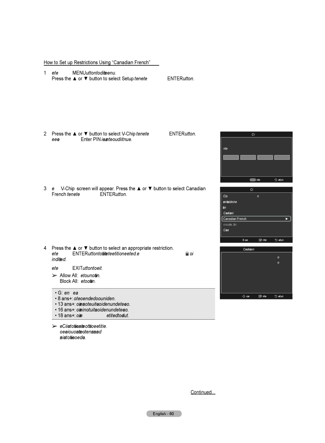 Samsung HL72A650C1F user manual How to Set up Restrictions Using Canadian French 