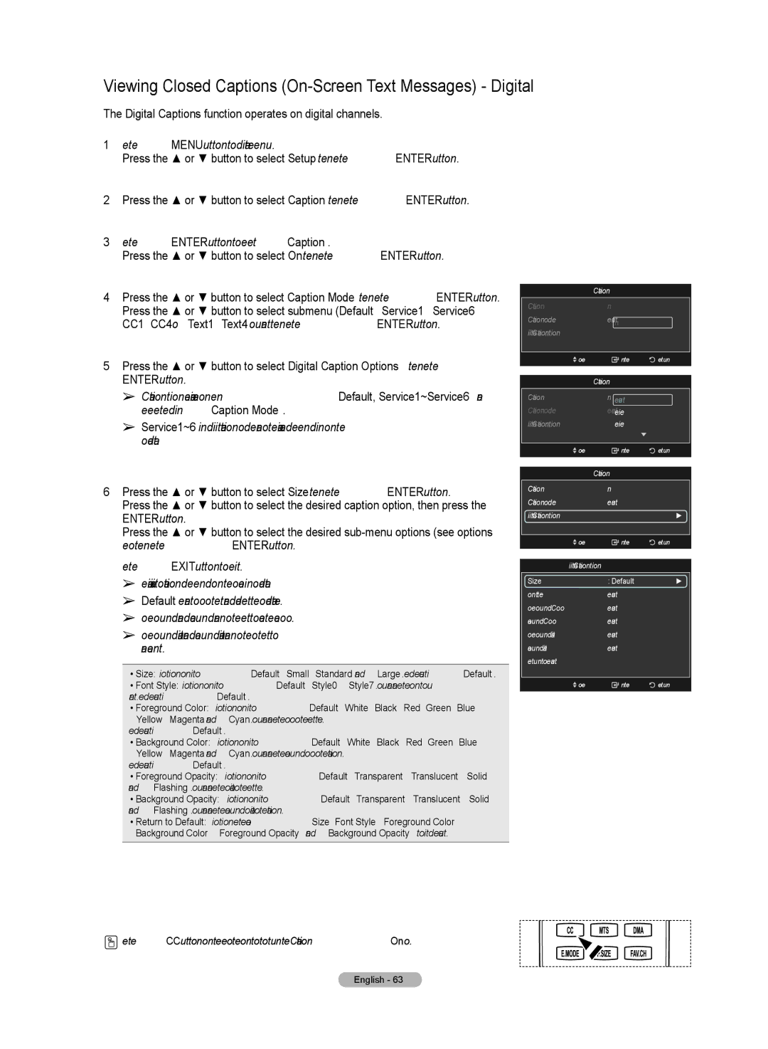 Samsung HL72A650C1F Viewing Closed Captions On-Screen Text Messages Digital, Press the Enter button to select Caption 