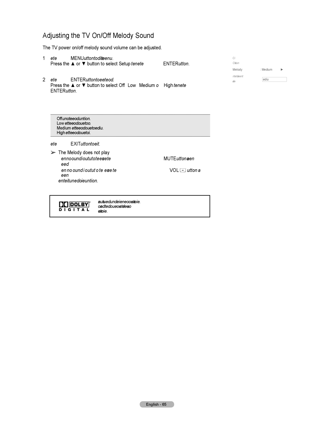 Samsung HL72A650C1F user manual Adjusting the TV On/Off Melody Sound, TV power on/off melody sound volume can be adjusted 