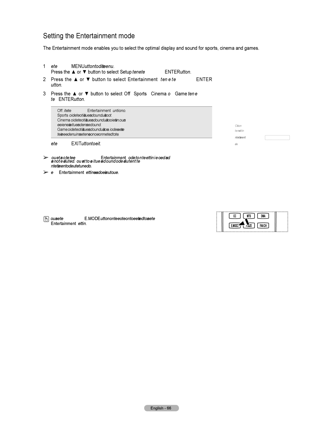 Samsung HL72A650C1F user manual Setting the Entertainment mode, Entertainment setting, Entertainment Off 