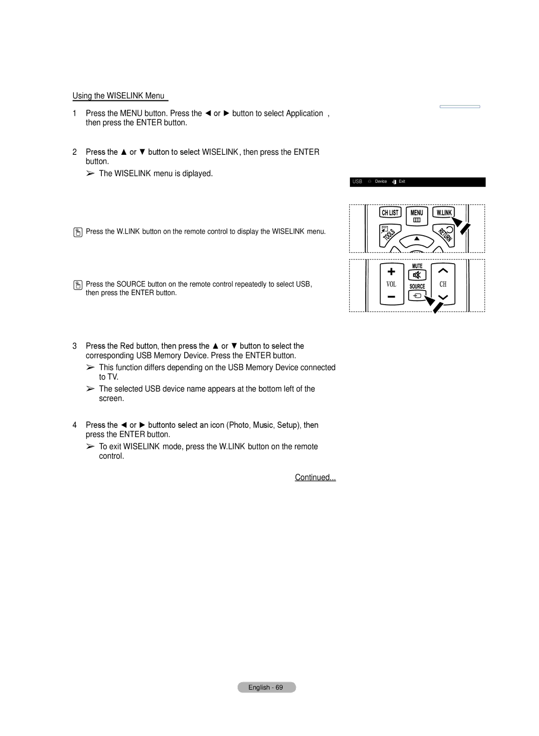 Samsung HL72A650C1F user manual Using the Wiselink Menu 