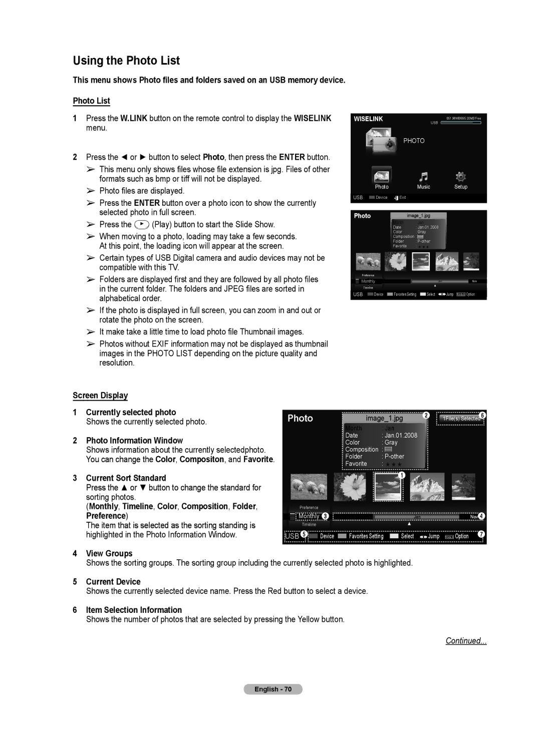 Samsung HL72A650C1F user manual Using the Photo List 