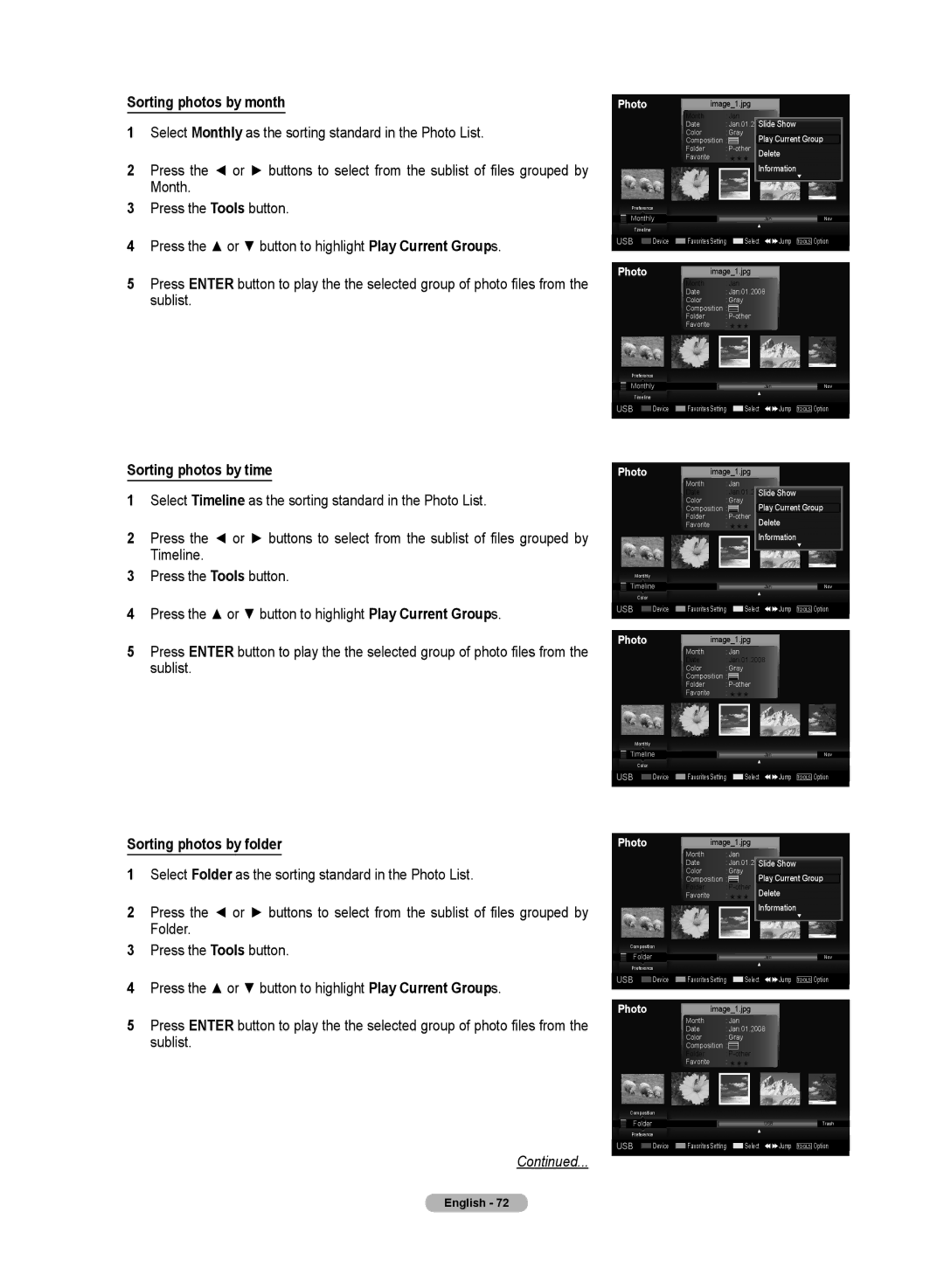 Samsung HL72A650C1F user manual Sorting photos by month, Sorting photos by time, Sorting photos by folder 