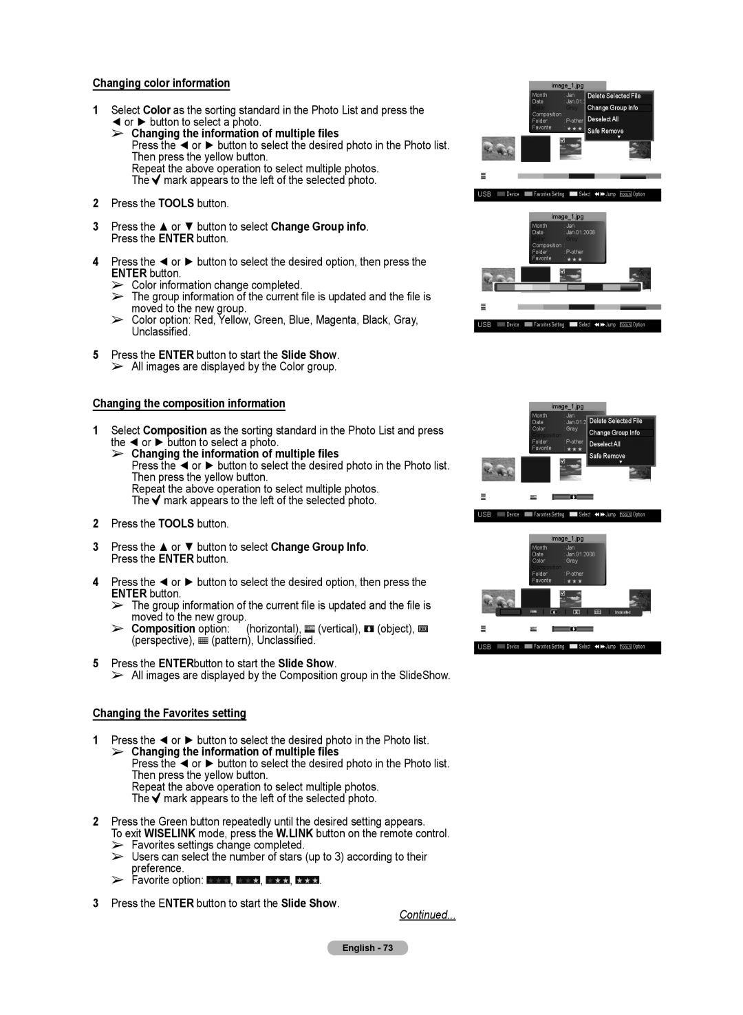 Samsung HL72A650C1F Changing color information, Changing the information of multiple files, Then press the yellow button 