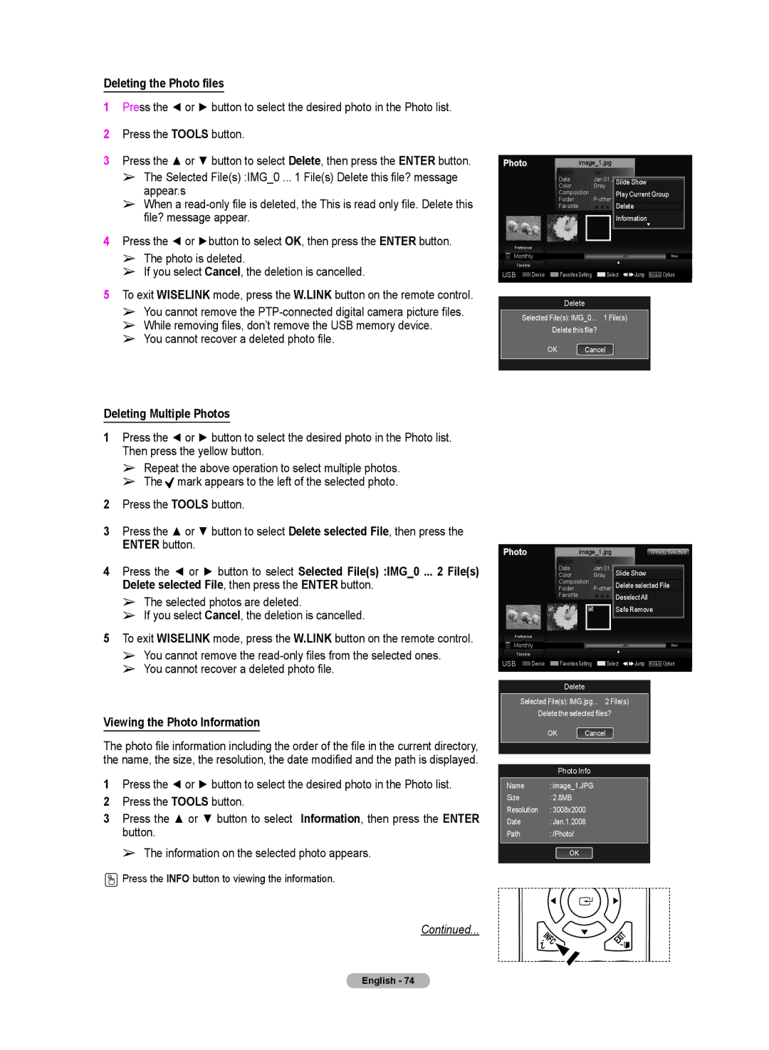 Samsung HL72A650C1F user manual Deleting the Photo files, Deleting Multiple Photos, Viewing the Photo Information 