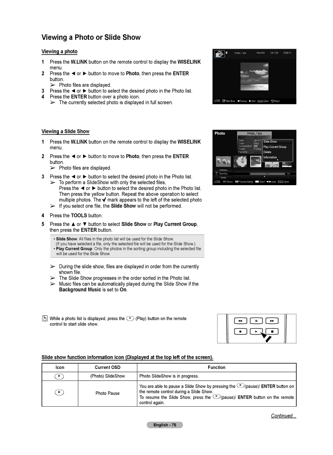 Samsung HL72A650C1F Viewing a Photo or Slide Show, Viewing a photo, Viewing a Slide Show, Icon Current OSD Function 