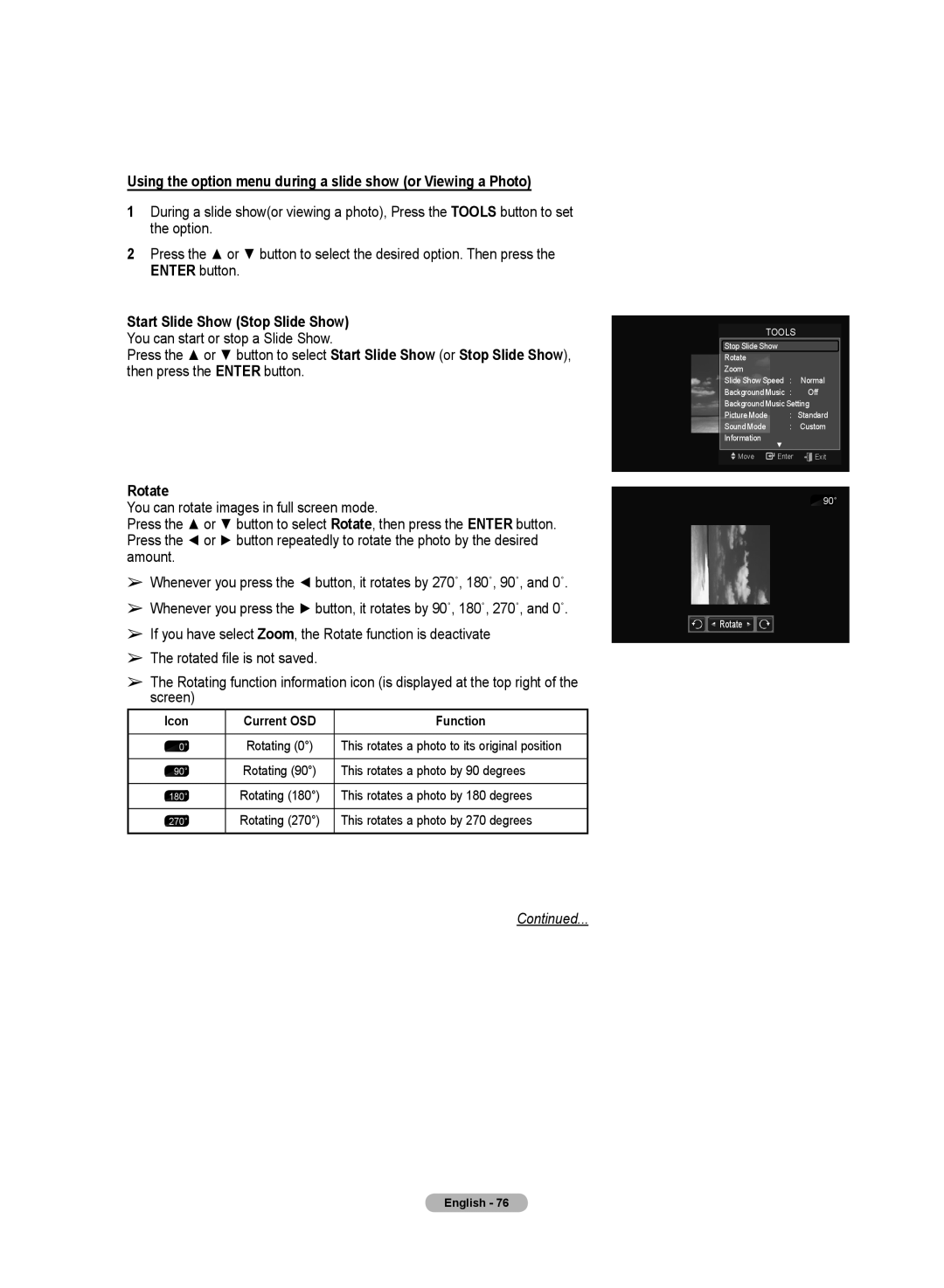 Samsung HL72A650C1F user manual Rotate, This rotates a photo by 90 degrees, This rotates a photo by 180 degrees 