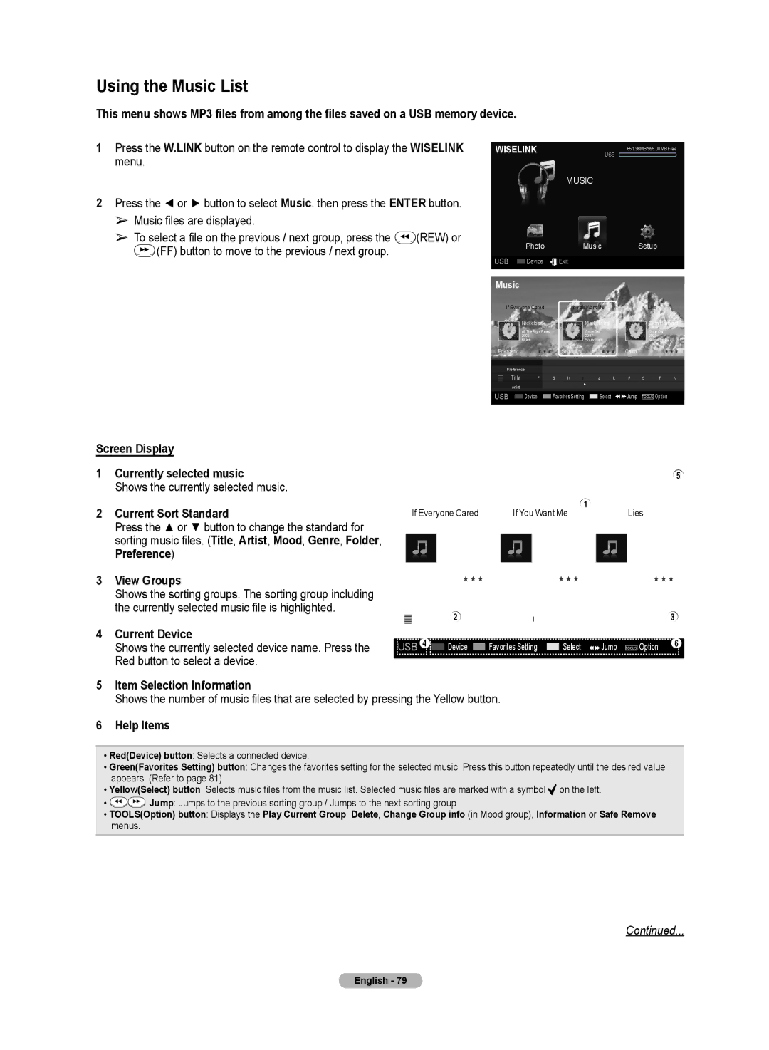 Samsung HL72A650C1F user manual Using the Music List, Menu, Screen Display Currently selected music, Current Sort Standard 