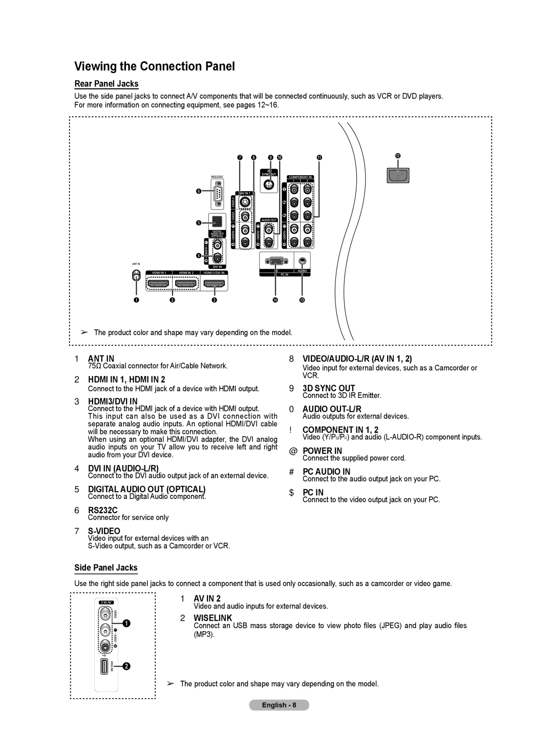 Samsung HL72A650C1F user manual Viewing the Connection Panel, Rear Panel Jacks, RS232C, Side Panel Jacks 