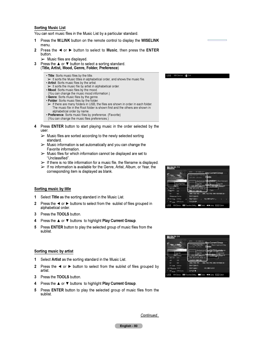 Samsung HL72A650C1F user manual Sorting Music List, Title, Artist, Mood, Genre, Folder, Preference, Sorting music by title 