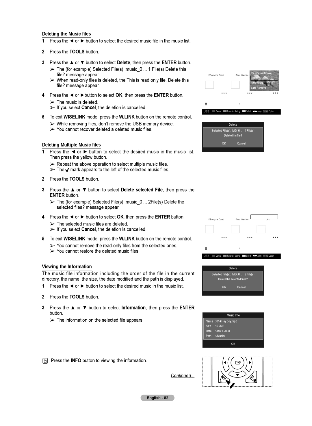 Samsung HL72A650C1F user manual Deleting the Music files, Deleting Multiple Music files, Viewing the Information 