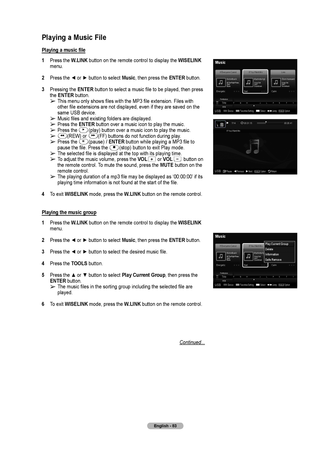 Samsung HL72A650C1F user manual Playing a Music File, Playing a music file, Playing the music group 