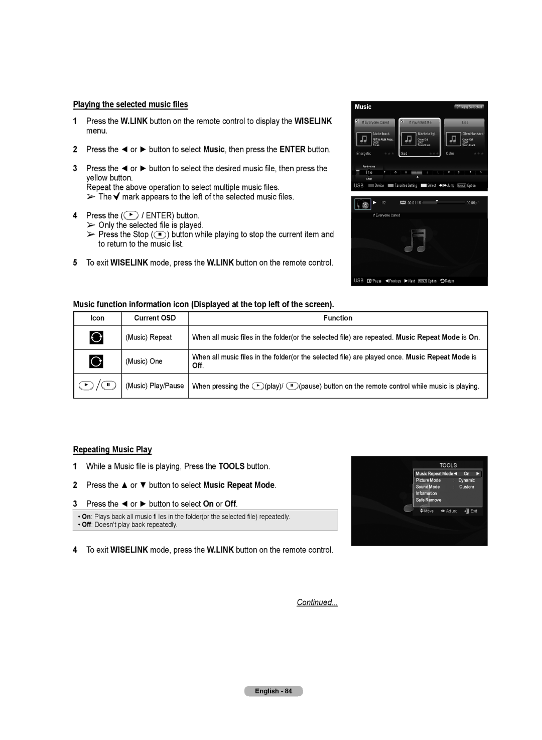 Samsung HL72A650C1F Playing the selected music files, Repeating Music Play, Icon Current OSD Music Repeat Music One 