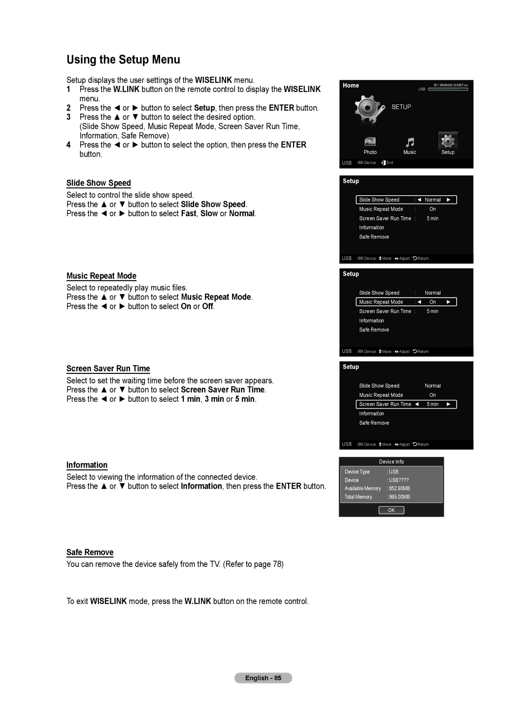 Samsung HL72A650C1F user manual Using the Setup Menu, Music Repeat Mode, Screen Saver Run Time 