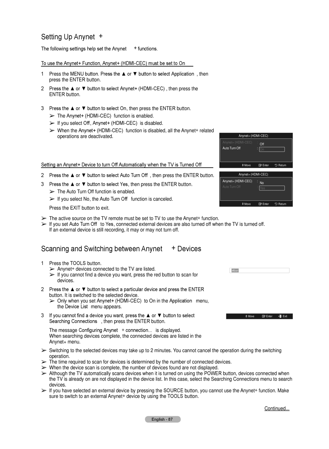 Samsung HL72A650C1F user manual Setting Up Anynet+, Scanning and Switching between Anynet+ Devices 