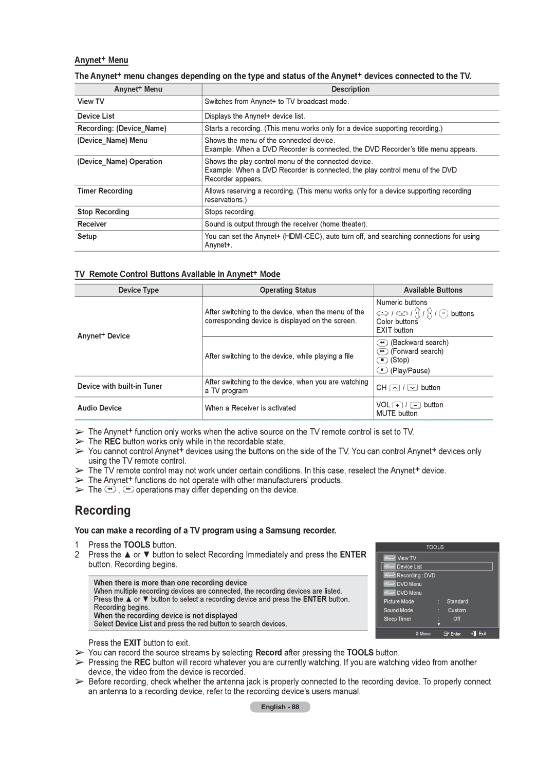 Samsung HL72A650C1F user manual Recording, TV Remote Control Buttons Available in Anynet+ Mode 