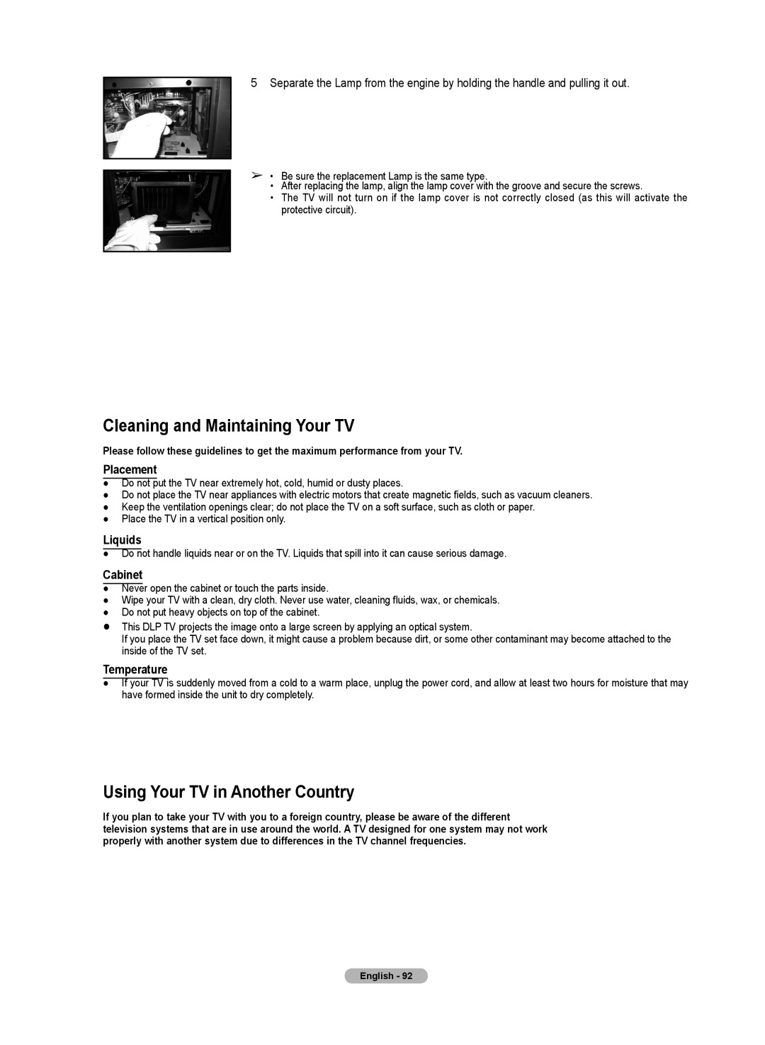 Samsung HL72A650C1F user manual Cleaning and Maintaining Your TV, Using Your TV in Another Country 