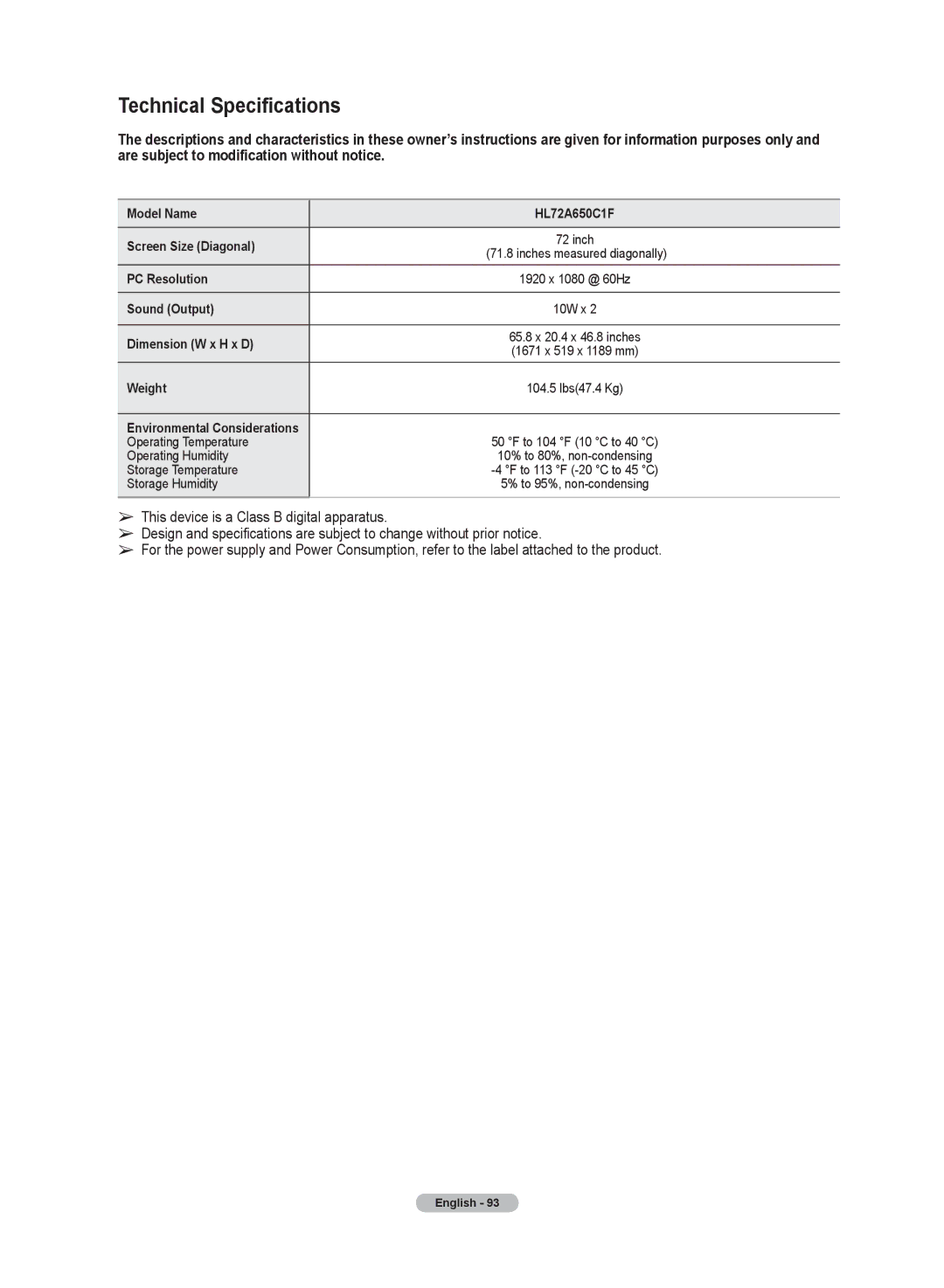 Samsung HL72A650C1F user manual Technical Specifications 