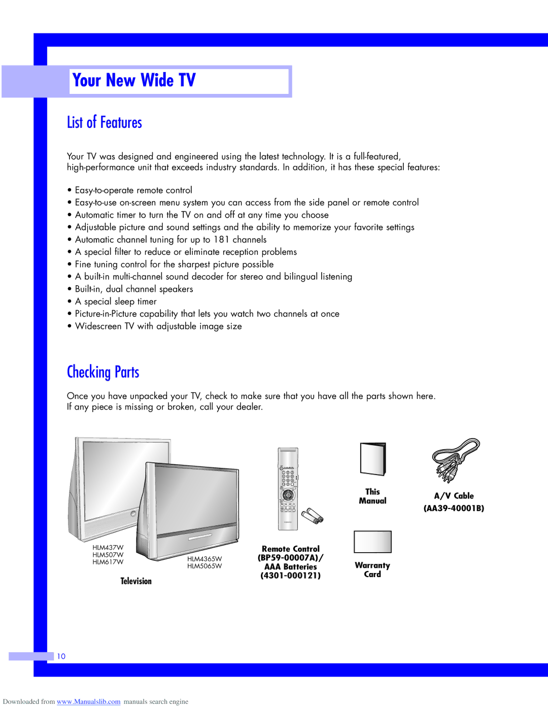 Samsung HLM5065W, HLM437W, HLM617W, HLM507W instruction manual List of Features, Checking Parts 