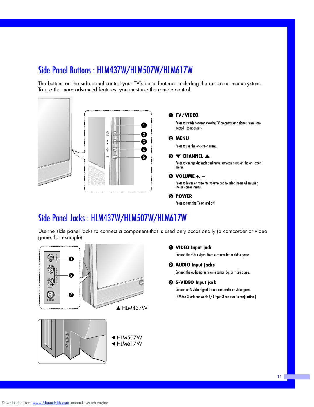 Samsung HLM5065W instruction manual Side Panel Buttons HLM437W/HLM507W/HLM617W, Side Panel Jacks HLM437W/HLM507W/HLM617W 