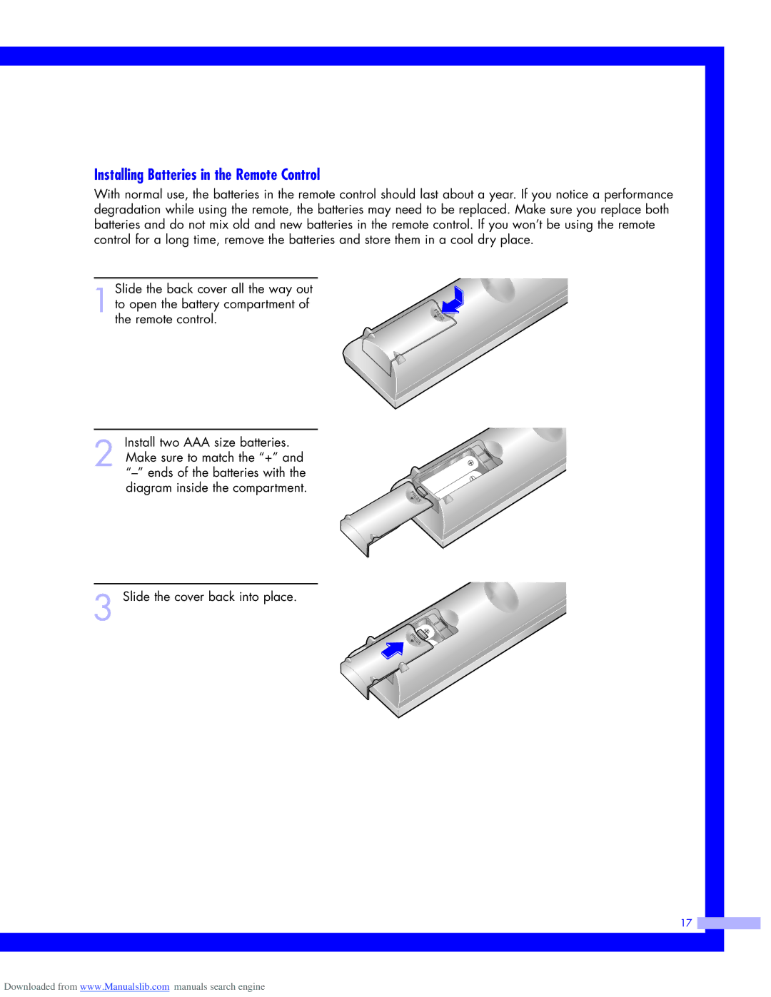 Samsung HLM617W, HLM437W, HLM5065W, HLM507W instruction manual Installing Batteries in the Remote Control 