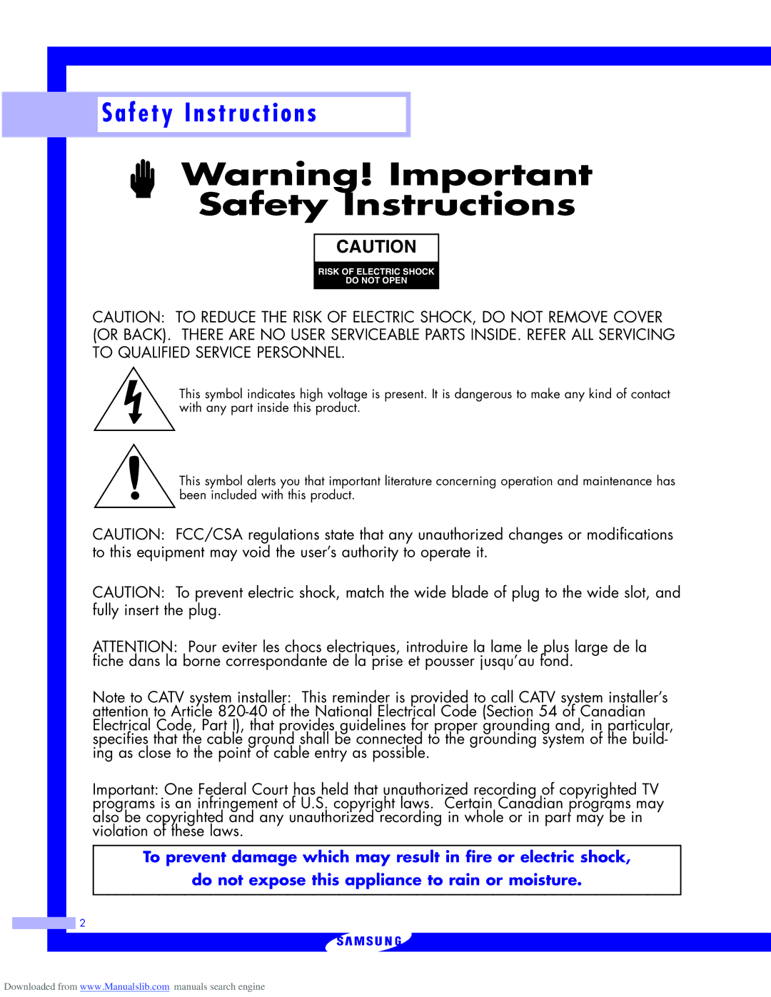 Samsung HLM5065W, HLM437W, HLM617W, HLM507W instruction manual Safety Instructions 