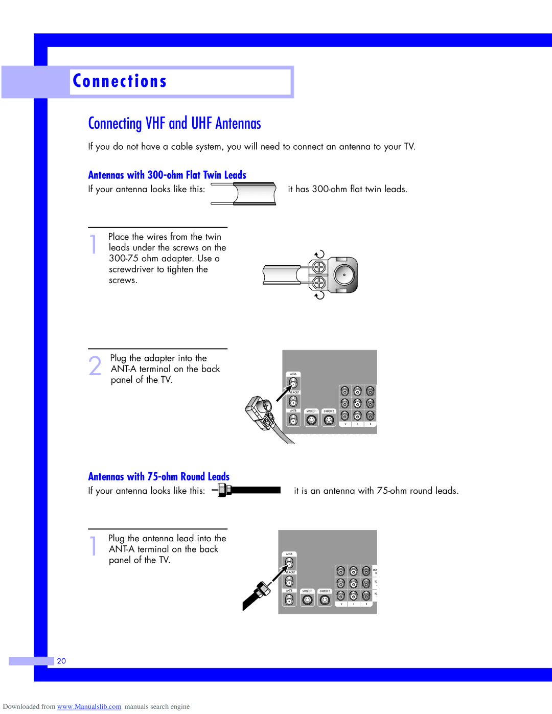 Samsung HLM437W Connecting VHF and UHF Antennas, Antennas with 300-ohm Flat Twin Leads, Antennas with 75-ohm Round Leads 