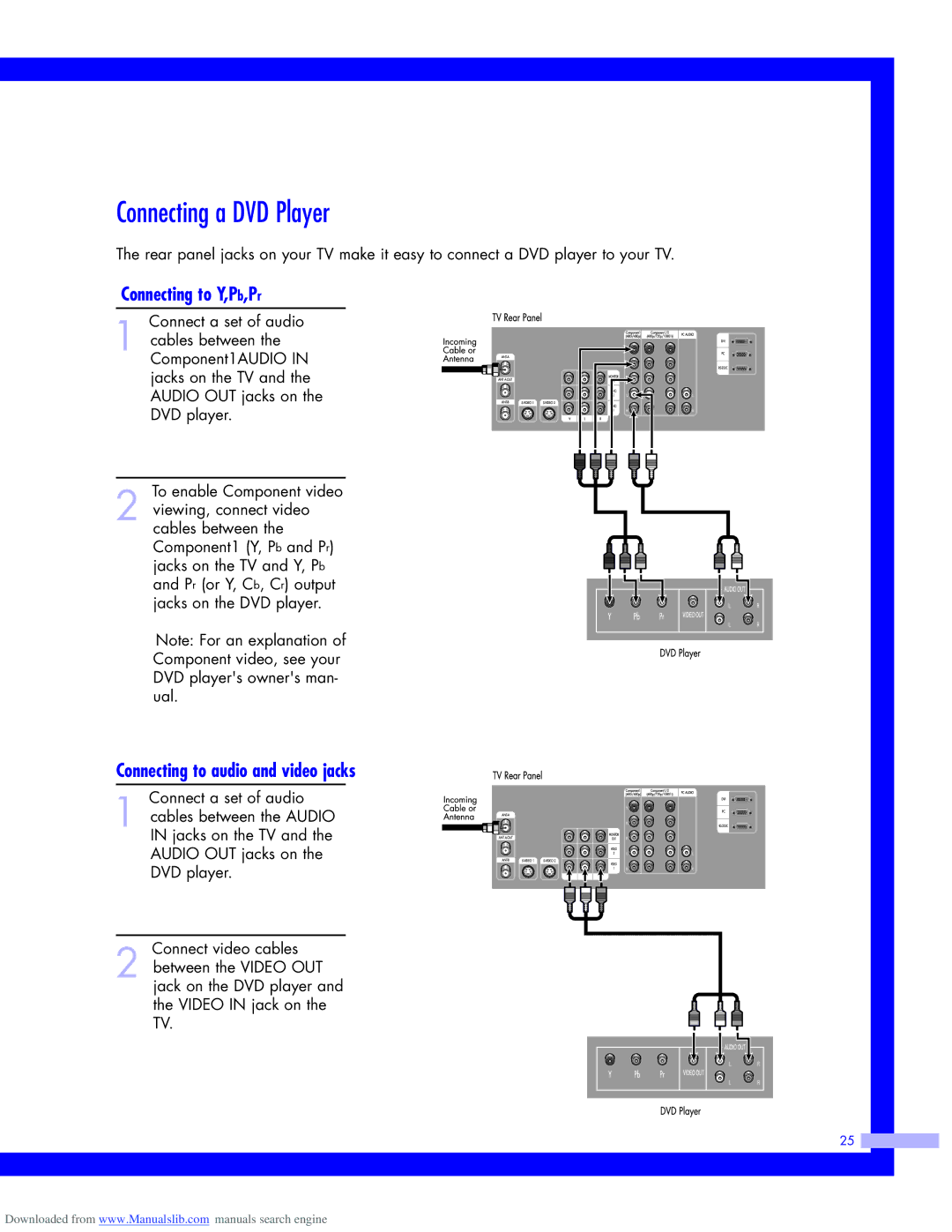 Samsung HLM617W, HLM437W, HLM5065W Connecting a DVD Player, Connecting to Y,Pb,Pr, Connecting to audio and video jacks 