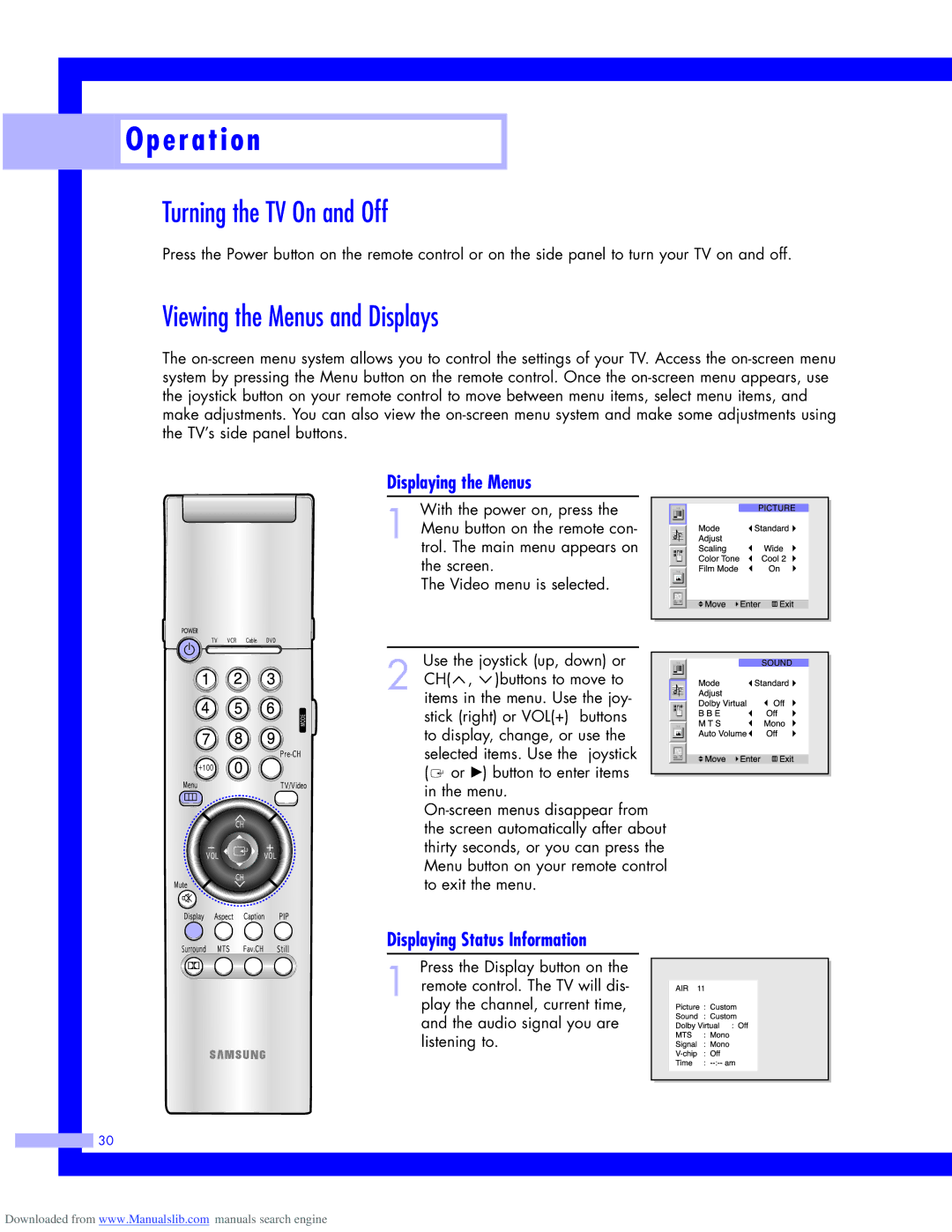 Samsung HLM5065W, HLM437W, HLM617W, HLM507W Turning the TV On and Off, Viewing the Menus and Displays, Displaying the Menus 