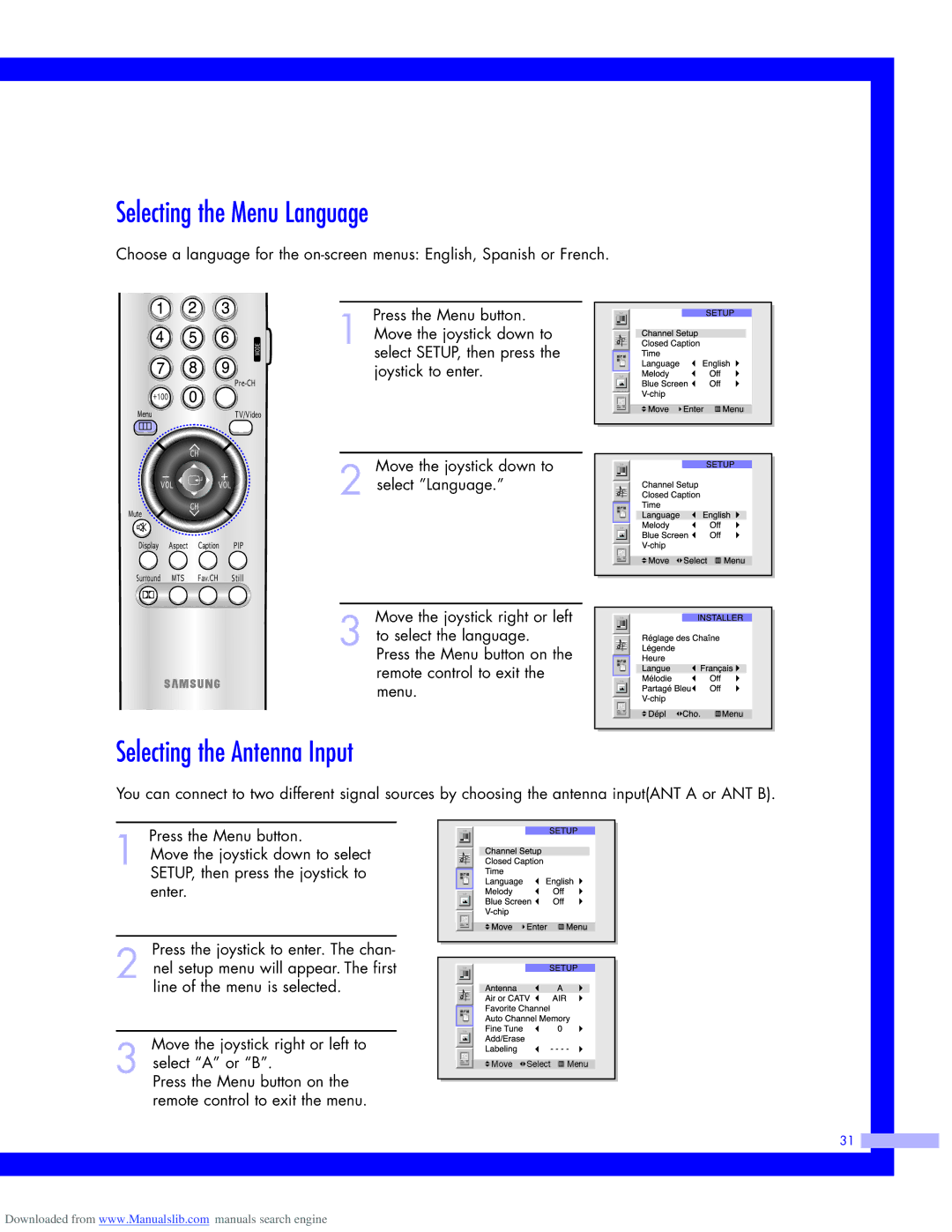 Samsung HLM507W, HLM437W, HLM617W, HLM5065W instruction manual Selecting the Menu Language, Selecting the Antenna Input 