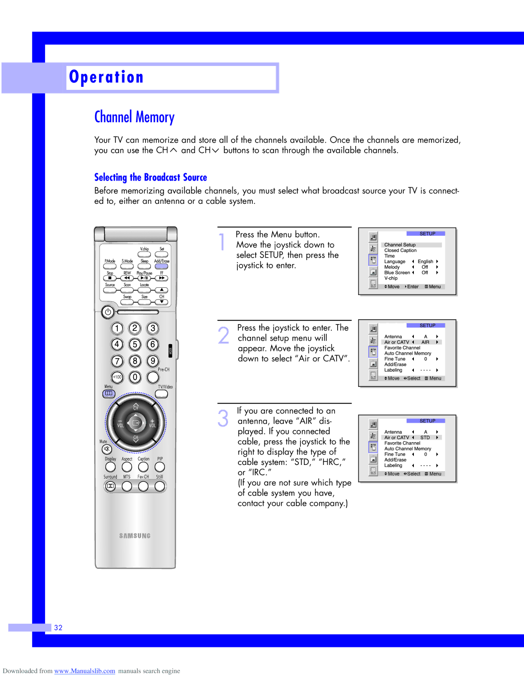 Samsung HLM437W, HLM617W, HLM5065W, HLM507W instruction manual Channel Memory, Selecting the Broadcast Source 