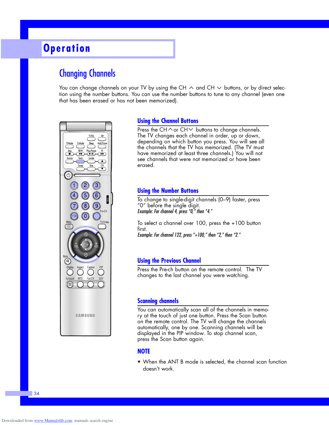 Samsung HLM5065W Changing Channels, Using the Channel Buttons, Using the Number Buttons, Using the Previous Channel 