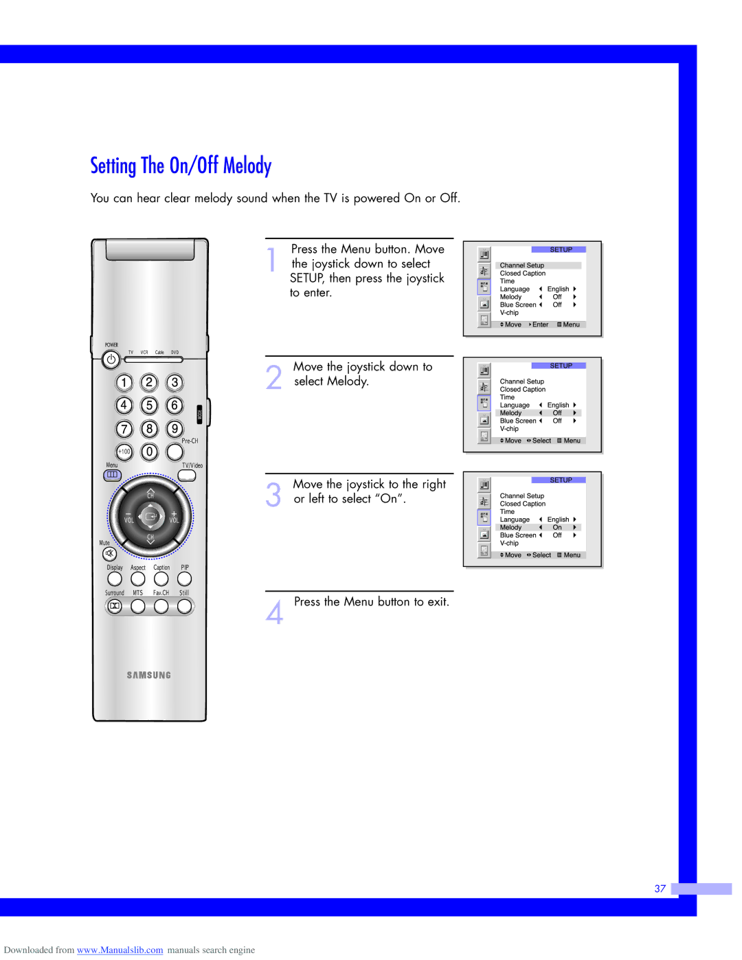 Samsung HLM617W, HLM437W, HLM5065W, HLM507W instruction manual Setting The On/Off Melody 