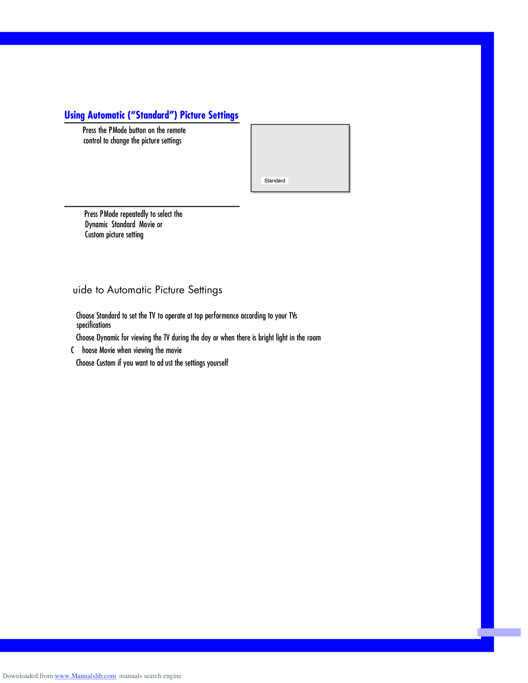 Samsung HLM507W, HLM437W, HLM617W, HLM5065W Using Automatic Standard Picture Settings, Guide to Automatic Picture Settings 