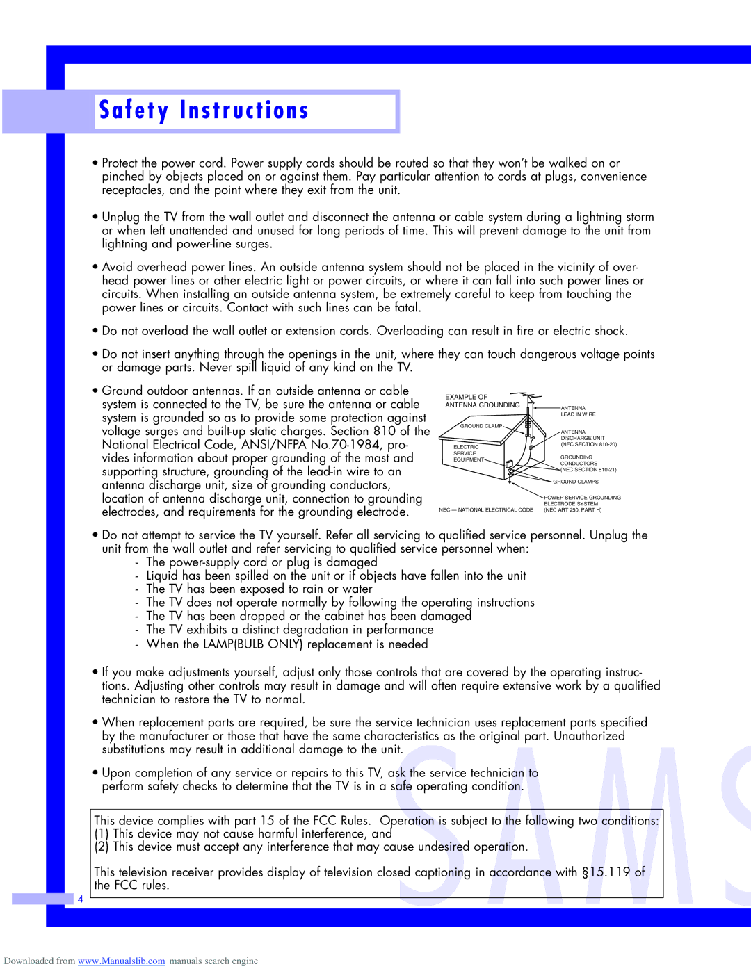 Samsung HLM437W, HLM617W, HLM5065W, HLM507W instruction manual Example Antenna Grounding 