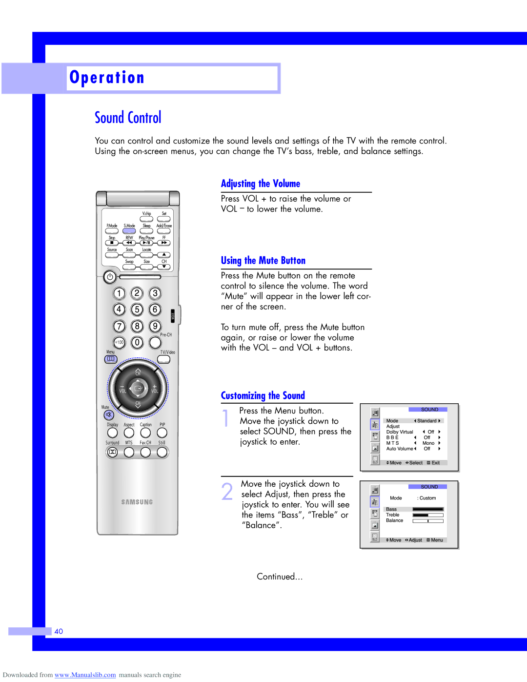 Samsung HLM437W, HLM617W, HLM5065W Sound Control, Adjusting the Volume, Using the Mute Button, Customizing the Sound 