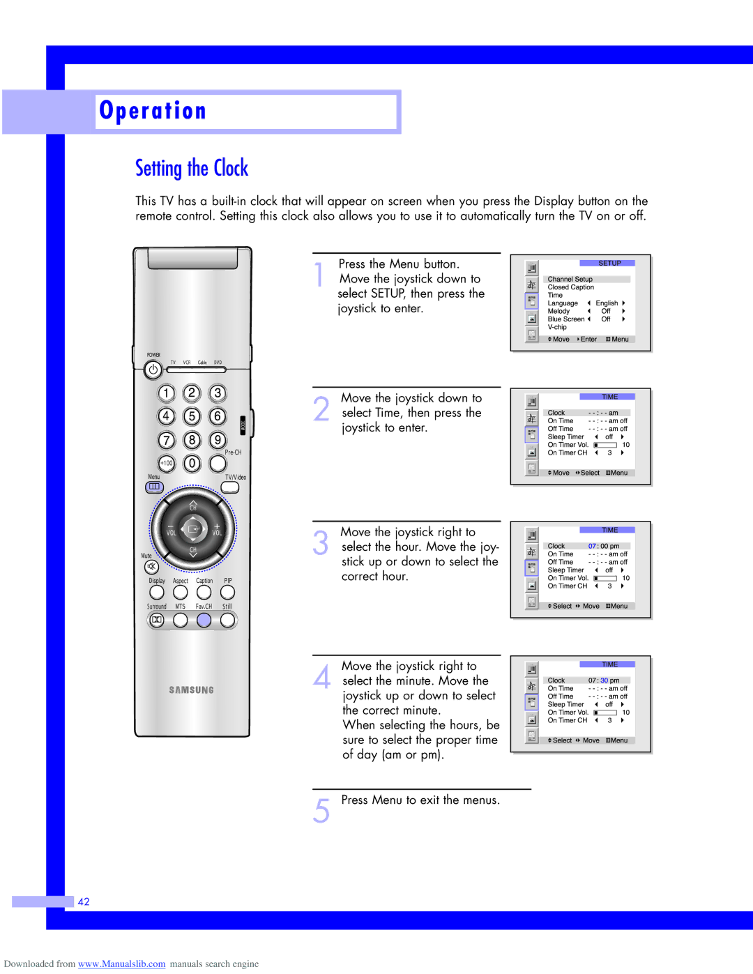 Samsung HLM5065W, HLM437W, HLM617W, HLM507W instruction manual Setting the Clock 