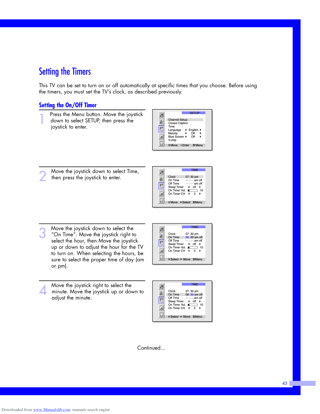 Samsung HLM507W, HLM437W, HLM617W, HLM5065W instruction manual Setting the Timers, Setting the On/Off Timer 