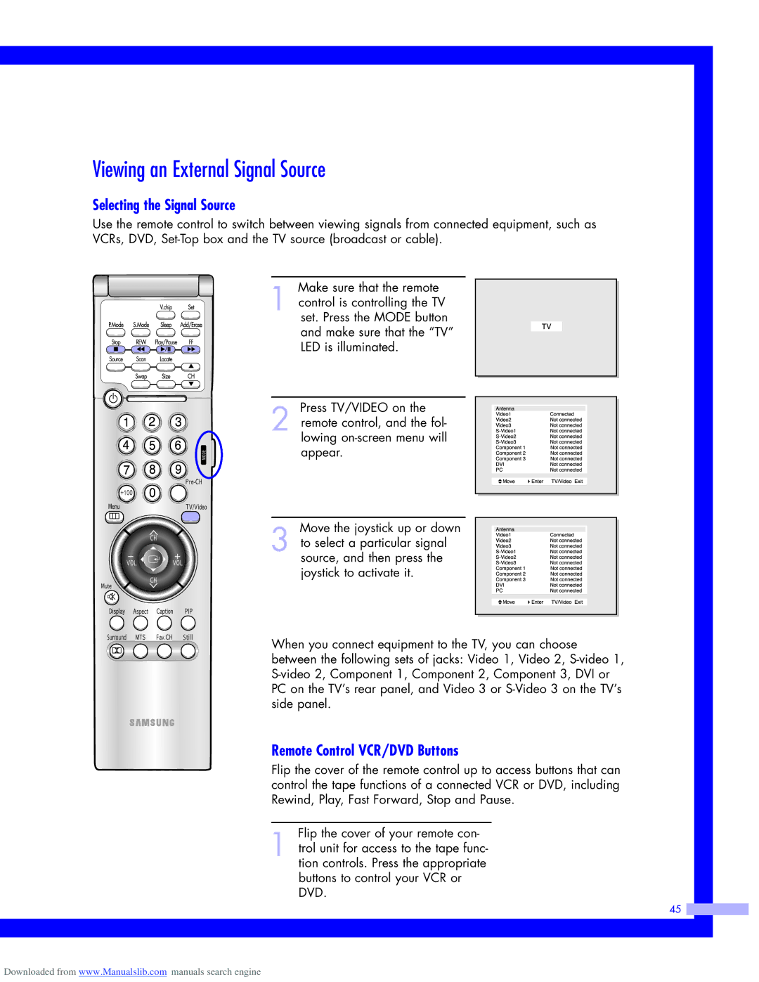 Samsung HLM617W, HLM437W Viewing an External Signal Source, Selecting the Signal Source, Remote Control VCR/DVD Buttons 