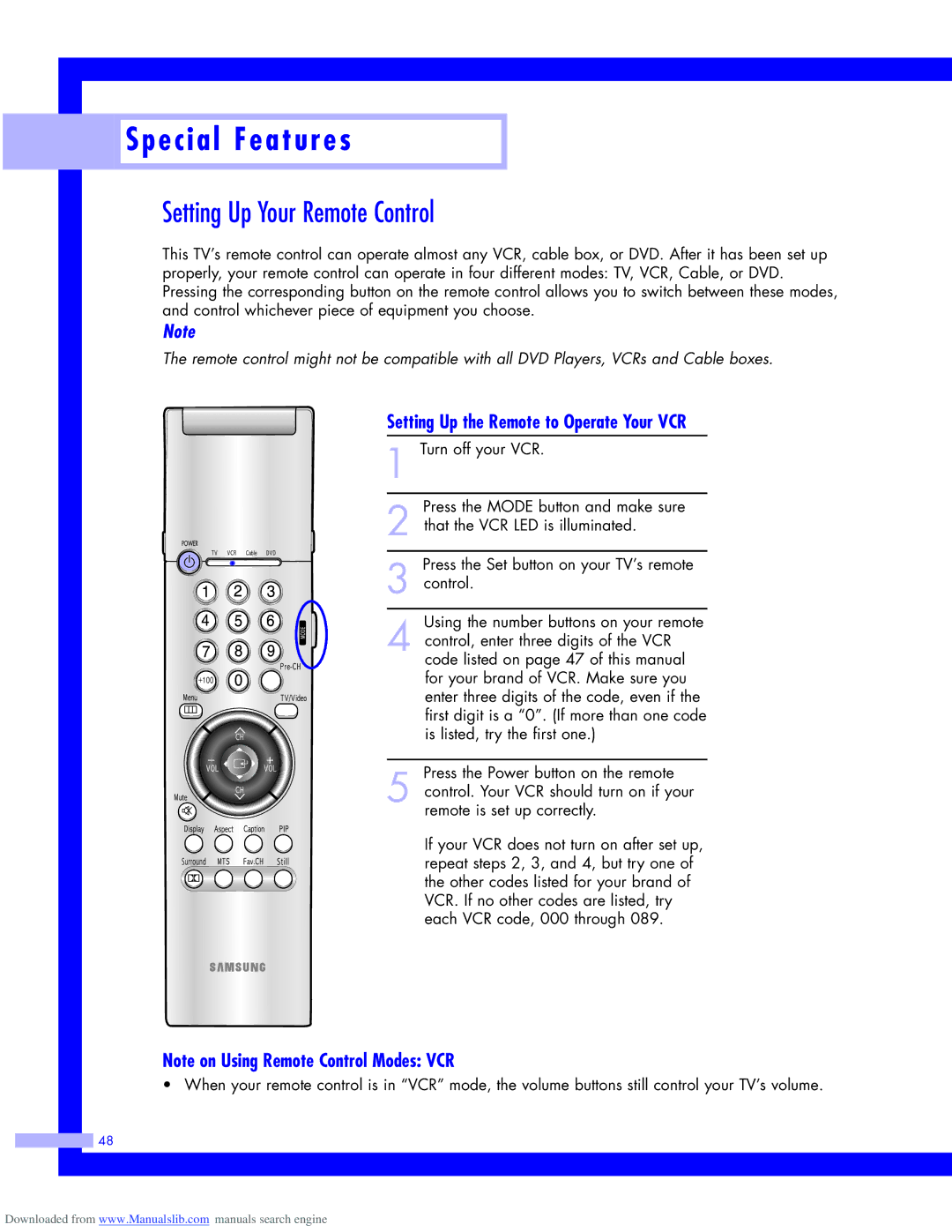 Samsung HLM437W, HLM617W, HLM5065W, HLM507W Setting Up Your Remote Control, Setting Up the Remote to Operate Your VCR 