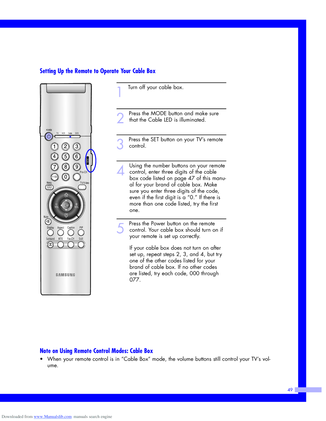 Samsung HLM617W, HLM437W, HLM5065W, HLM507W instruction manual Setting Up the Remote to Operate Your Cable Box 