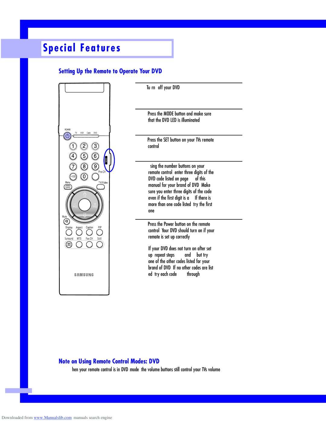 Samsung HLM5065W, HLM437W, HLM617W, HLM507W instruction manual Setting Up the Remote to Operate Your DVD 