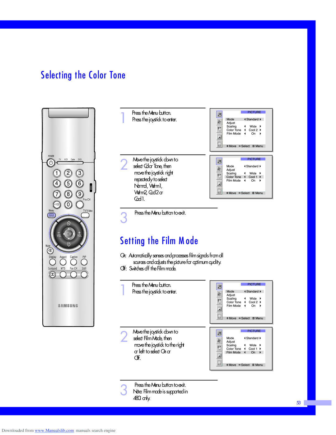 Samsung HLM617W, HLM437W, HLM5065W, HLM507W instruction manual Selecting the Color Tone, Setting the Film Mode 