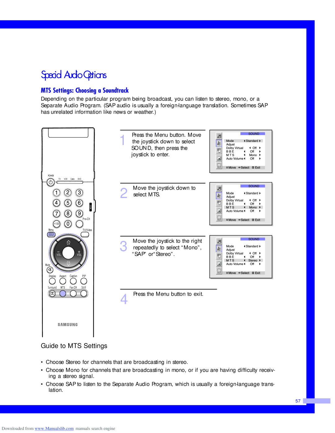 Samsung HLM617W, HLM437W, HLM5065W, HLM507W instruction manual Special Audio Options, MTS Settings Choosing a Soundtrack 